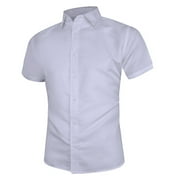 Muscularfit Short Sleeve Compression Shirts for Men White Solid Collared Casual Button Down Shirts Holiday Tops for Men